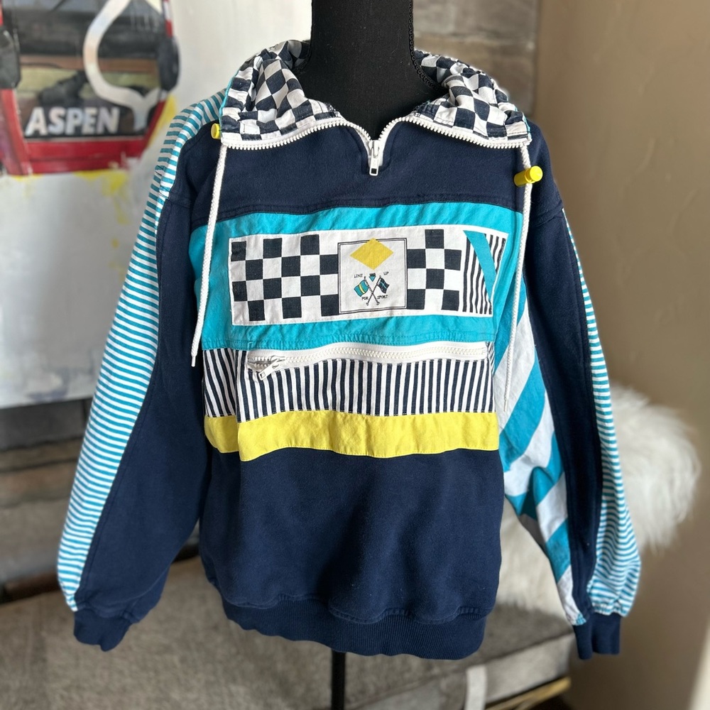 Vintage 80s Line-Up Nautical Checkered Pull Over Sweatshirt/windbreaker